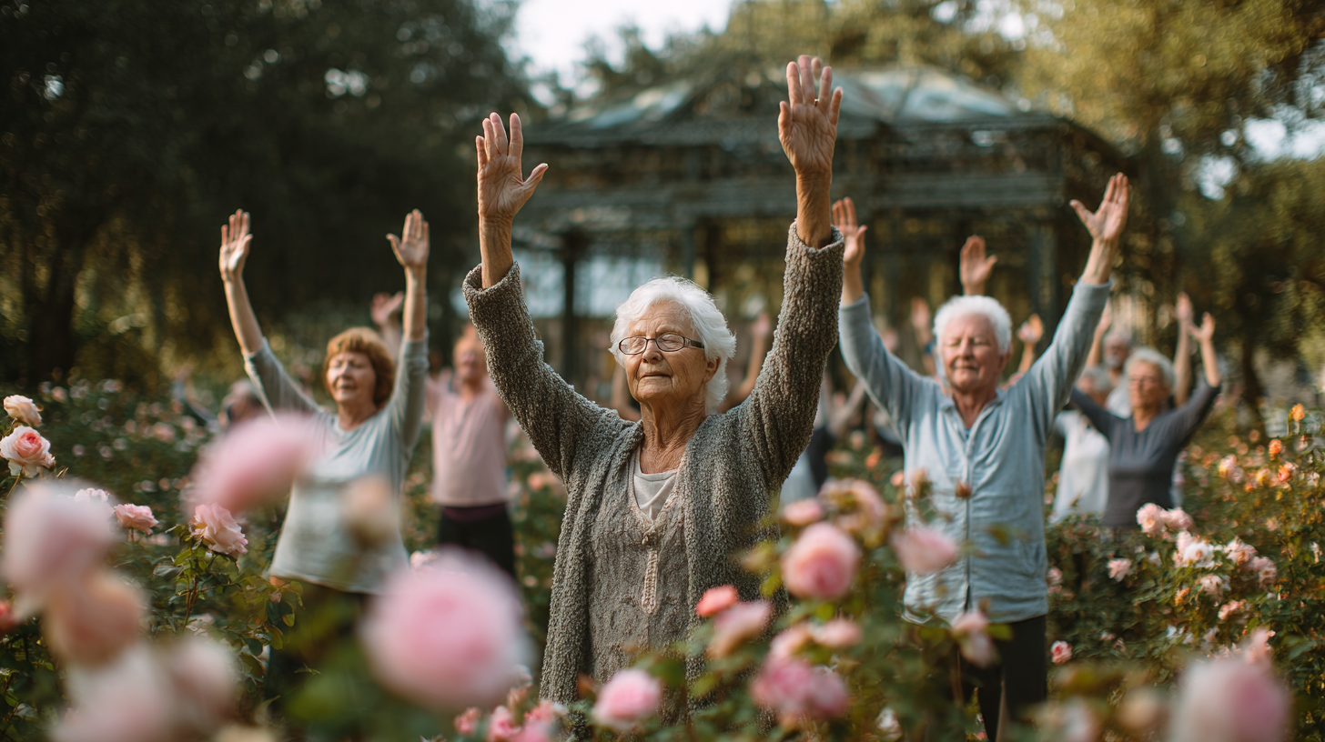 Seniori practicând yoga în grup în aer liber, demonstrând echilibru și serenitate