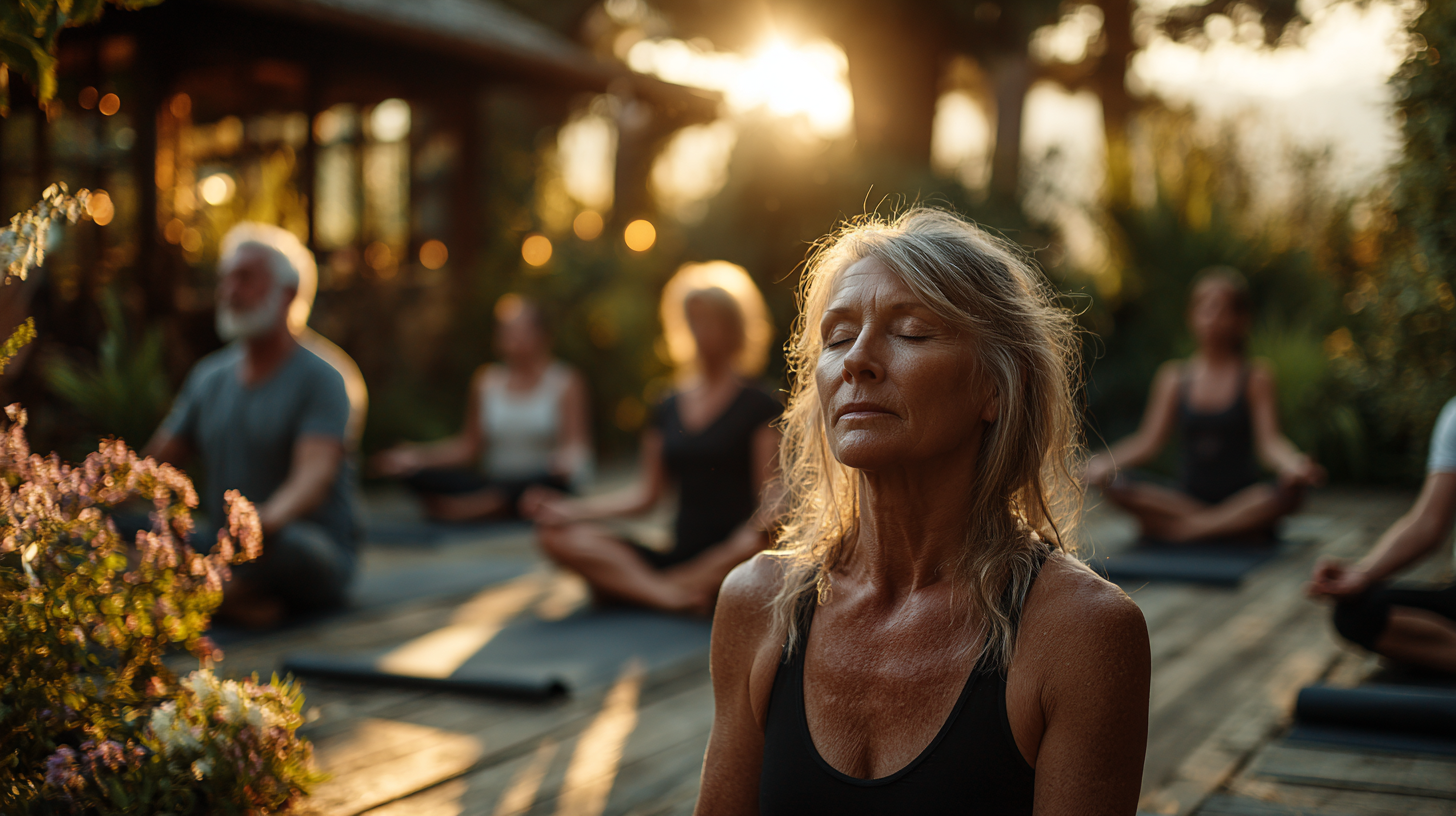 Grup de seniori zâmbitori în poziție de relaxare după o sesiune de yoga, demonstrând fericirea și camaraderia